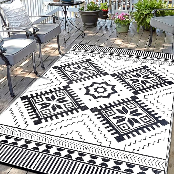 Waterproof Outdoor Rug 9x12ft, Boho Reversible Plastic Straw Mat for Patio RV Deck Porch Backyard Balcony Camping Picnic Beach Indoor Outdoor Carpet, Black&White