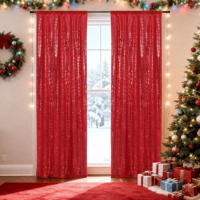 SquarePie Sequin Backdrop Curtain Non-Transparent Sparkly Background for Christmas Wedding Party 2FT x 8FT Red 2 Panel