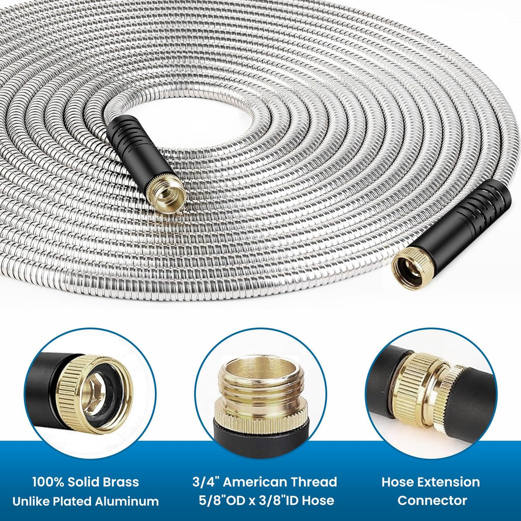 Garden Hose 50FT, Water Hose with 10 Function Nozzle, Garden Hose Metal with Leak-proof Connectors, Kink-Free & Ultra Flexible, Rust/Pet/Puncture Proof for Lawn, Yard, RV, Car Wash, 550PSI