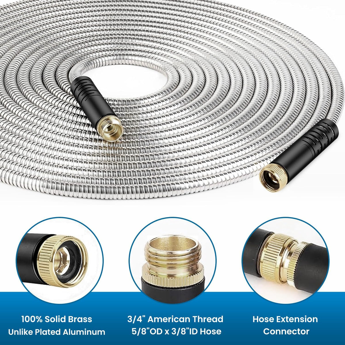 Garden Hose 50FT, Water Hose with 10 Function Nozzle, Garden Hose Metal with Leak-proof Connectors, Kink-Free & Ultra Flexible, Rust/Pet/Puncture Proof for Lawn, Yard, RV, Car Wash, 550PSI