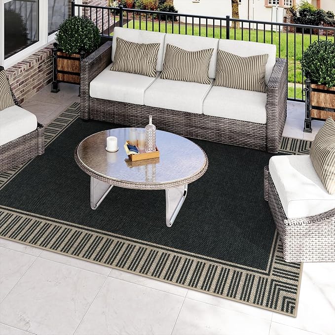 OJIA Easy Jute Outdoor Rug 8x10, Large Patio Rug Washable Area Rugs for Living Room Farmhouse Indoor Outdoor Carpet Striped Border Modern Non-Slip Black Rug for Bedroom Backyard Office Decor