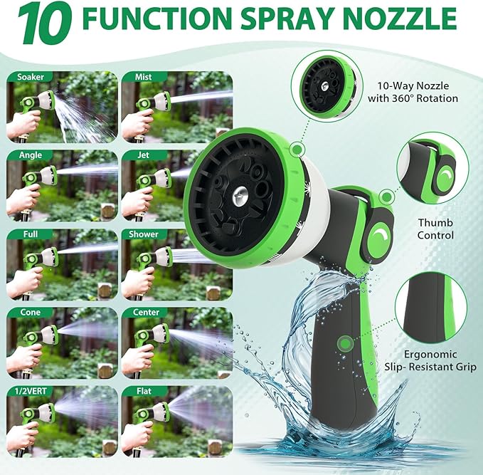 Garden Hose 25 ft Water Hose Flexible Non-Expandable Outdoor Heavy Duty Lightweight Leakproof Kink-free flex Watering Hose Pipe with Nozzle 3/4 inchs Fitting Yard Lawn Outside Car Wash