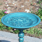 26.6”H×12.3" W Cast Iron Pedestal Bird Bath，Metal Birdbaths Bird Feeder Seed Tray for Garden Yard Decor -Blue.