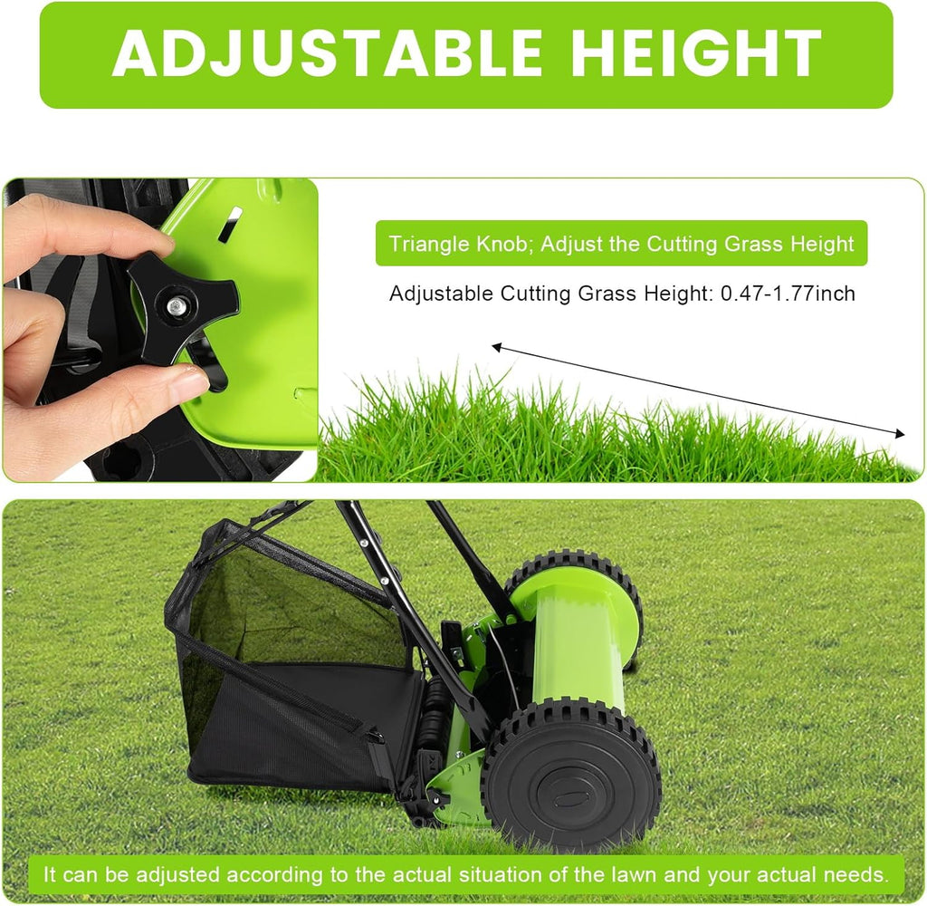 12 Inch 5-Blade Push Reel Lawn Mower, Cordless Manual Lawn Mower with Grass Catcher, Adjustable Cutting Height, Walk-Behind Lawn Mowers for Yard, Garden