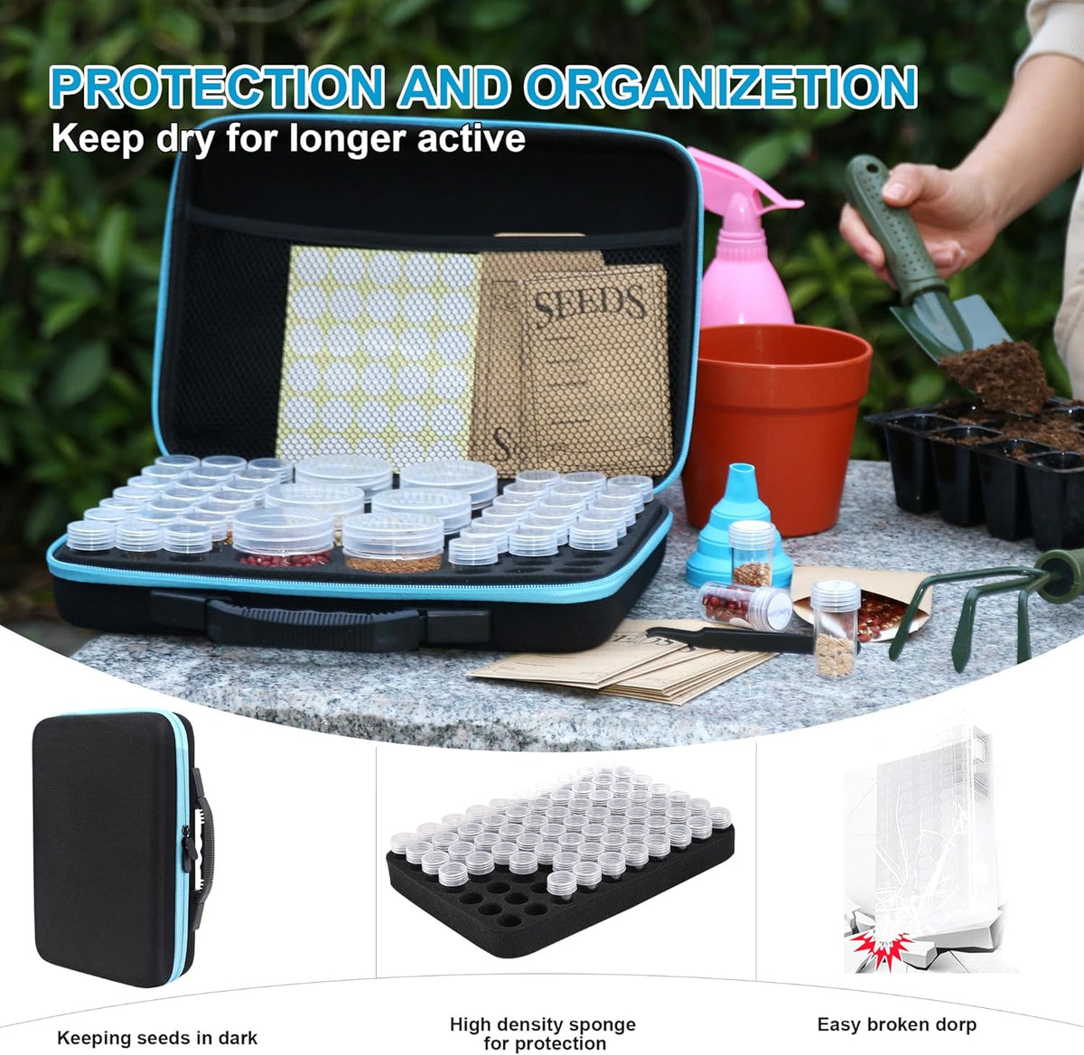 48 Slots Seed Storage Organizer Box, Garden Vegetable Plant Flower Seeds Saving kit with Write Label Funnel Tweezer 2 Sizes Storage Bottles