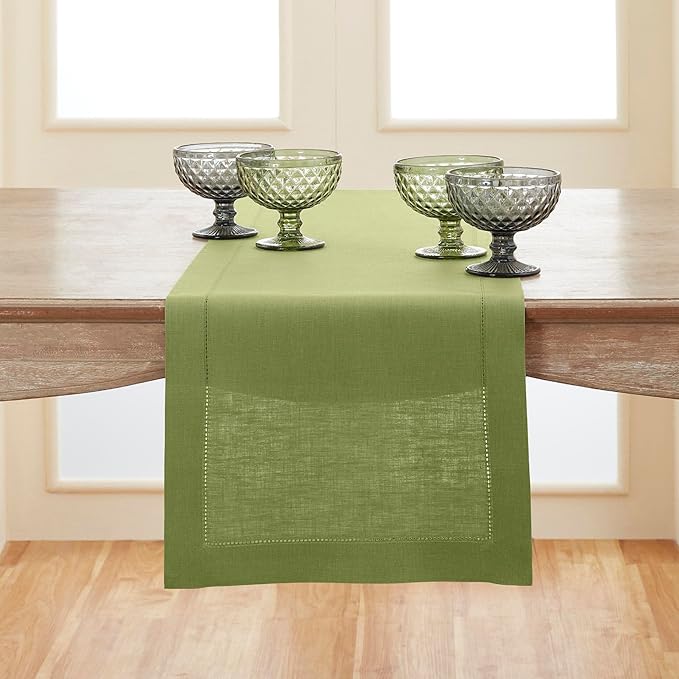 Solino Home Linen Moss Green Hemstitch Table Runner 48 Inches - 100% Pure Linen Small Table Runner 14 x 48 Inch Ideal for Dresser and Coffee Tables - Classic Hemstitch - Fall, Halloween, Thanksgiving