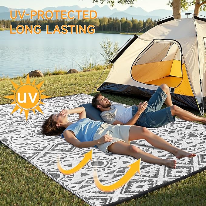 Outdoor Rug Waterproof 8x10 ft, Reversible Outdoor Plastic Straw Rug Patio Rug, RV Rugs for Outside, Outdoor Carpet for Patio Camping Deck Balcony Backyard, Black & Gray
