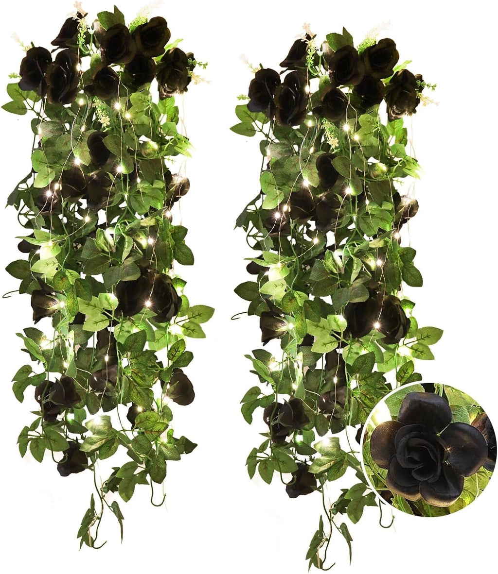 RECUTMS Hanging Flowers Black Artificial Rose Flower 2PCS 3.3Ft for Outdoors with 30 LED Fairy String Lights Fake Indoor Wall Wedding (Black)