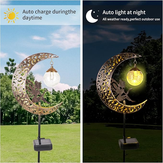 Solar Garden Lights Outdoor Decor,Moon Fairy Crackle Glass Lights,Waterproof Warm White LED Metal Stake Ornament,for Walkway Backyard Patio Lawn Pathway Decorations-Unique Gift Ideas for Gardening
