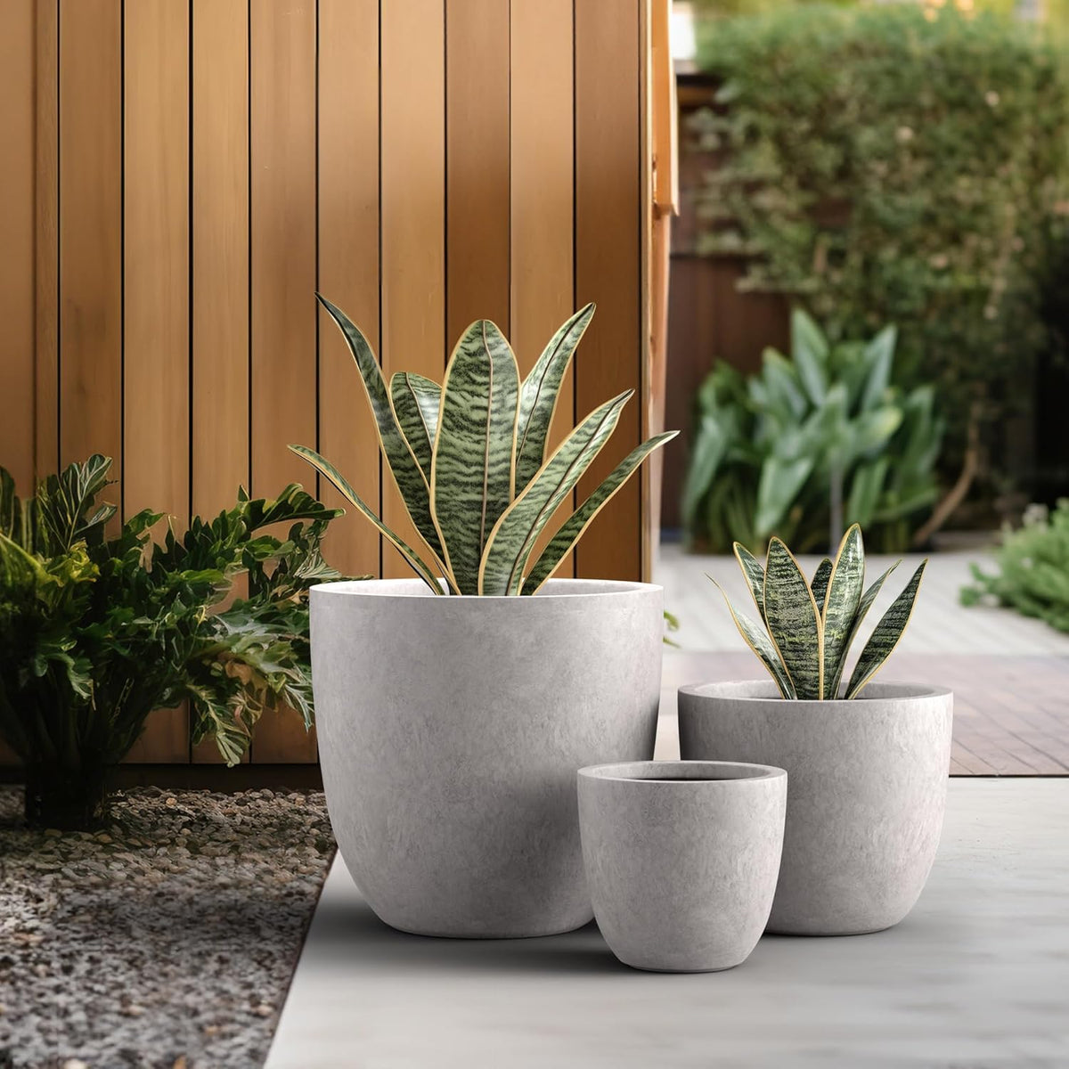 Kante 18",14",10" Dia Concrete Round Planters (Set of 3), Outdoor Indoor Large Planter Pots with Drainage Hole and Rubber Plug for Home Patio Garden, Light Gray