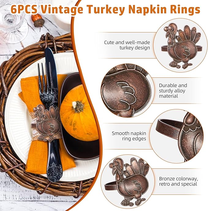 Halatool Thanksgiving Bronze Turkey Napkin Rings Set of 6, Funny Metal Festival Napkin Holders for Thanksgiving Weddings Holidays Gathering Dinner Party Decorations