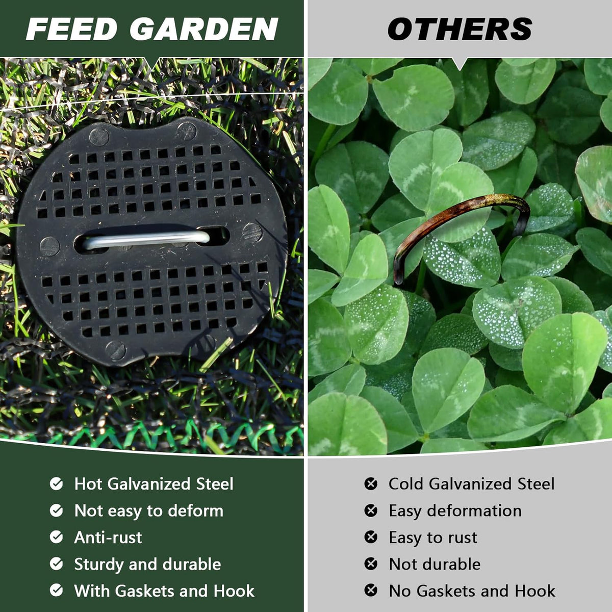 FEED GARDEN 6 Inch 50 Pcs Galvanized Landscape Staples 50 Pcs Gaskets Pick Hook Garden Stakes 11 Gauge Anti-Rust Landscaping Fabric SOD Pins U Shaped Yard Turf Stakes for Weed Barrier Fabric