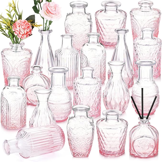 Inbagi Glass Vase, 20 Pcs Set of Small Vintage Flower Vases in Gradient Pink, Decorative Centerpieces for Home, Wedding Table, Christmas Decoration