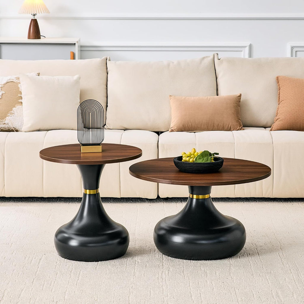 2-Piece Nesting Coffee Table Set, Walnut MDF Tops, Black Metal Bases