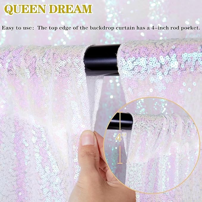 White Iridescent Sequin Backdrop 7ft x 7ft Glitter Photo Booth Black Backdrop Curtains for Wedding Birthday Baby Shower Event Decorations