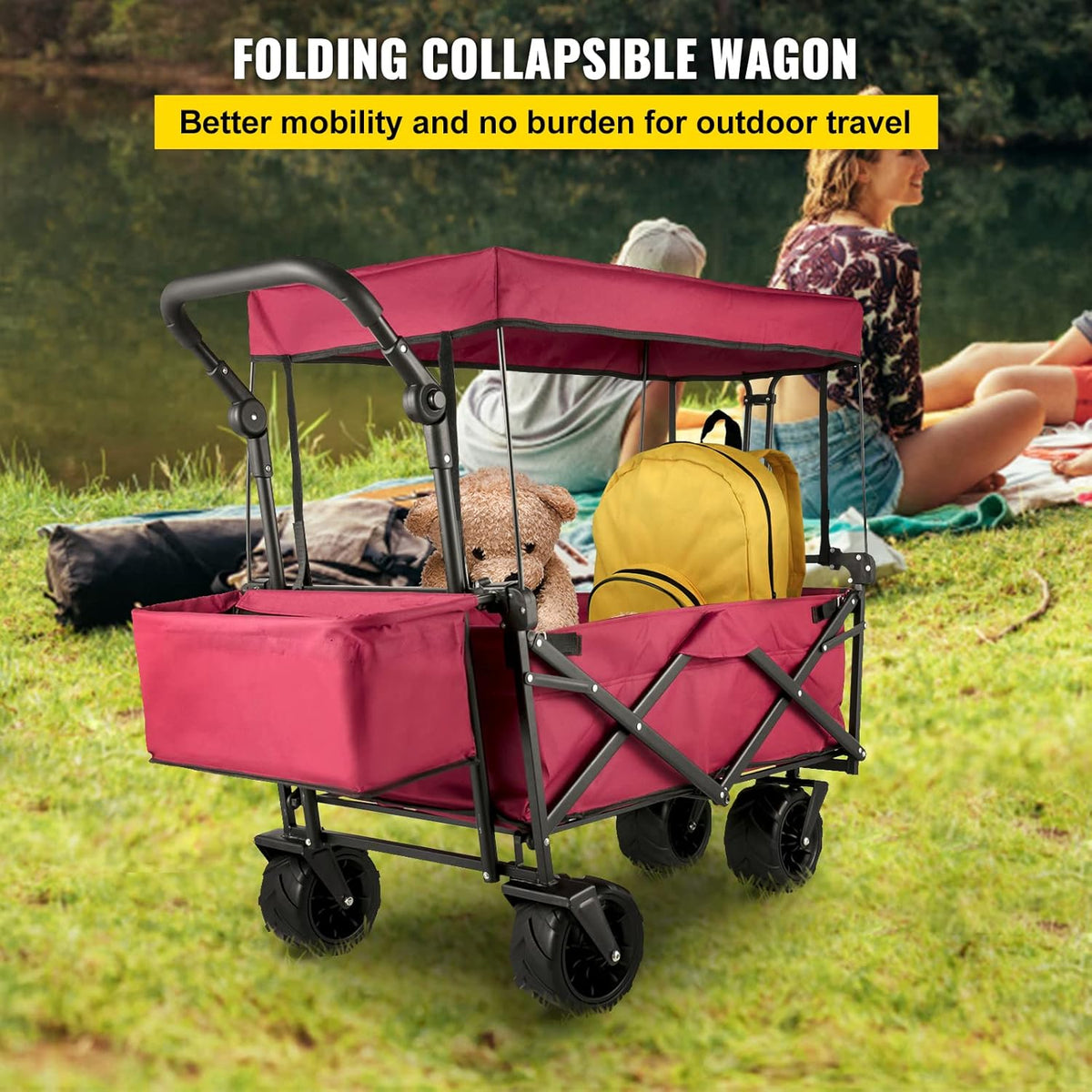 Happbuy Collapsible Wagon with Removable Canopy, 220lbs Heavy Duty Foldable Beach Wagon with Big Wheels