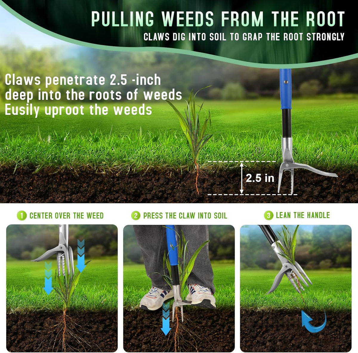 50” Weed Puller Tool for Crabgrass, Dandelion etc,Stand Up Weeder with Easy-Eject Mechanism, Steel Handle, Steel Claw,Garden Weed Remover Tool Without Bending, Pulling,Kneeling.