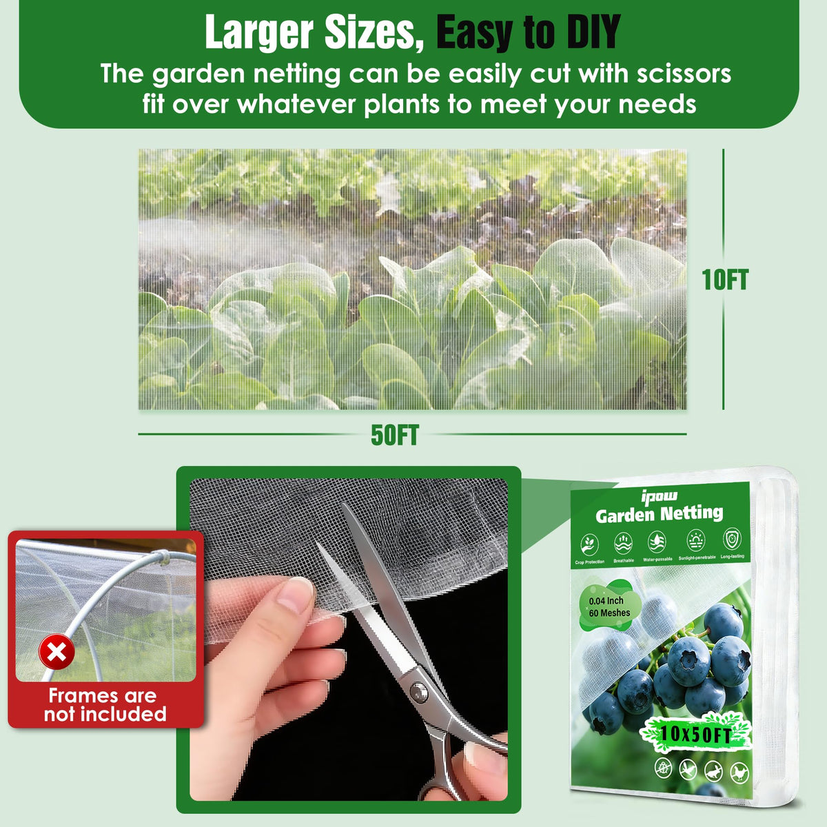 10 X 50FT Garden Mesh Netting Ultra Fine Mesh Netting Pest Barrier, Insect Bug Bird Netting for Vegetables Fruit Flower Garden Protection, Thickened 60 Mesh Row Covers Fabric Screen from Birds Bugs