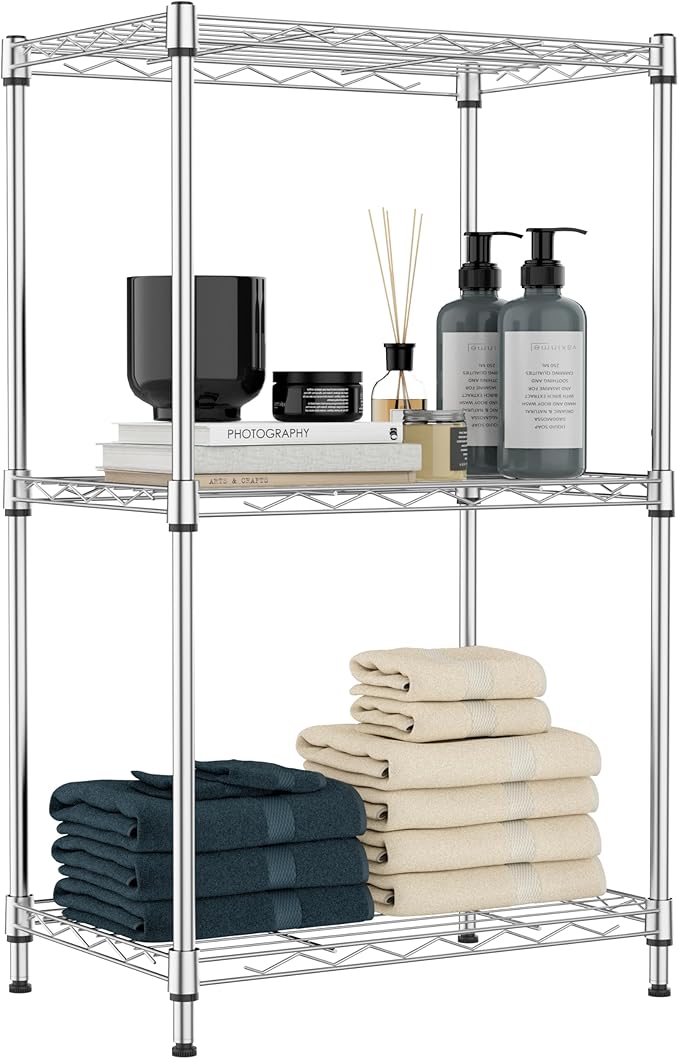 IZEUK 3 Tier Metal Wire Shelving Rack Storage Shelves for Kitchen, Bedroom, Living Room or Laundry Room, Chrome, 17.7" W x 11.8" D x 28.8" H