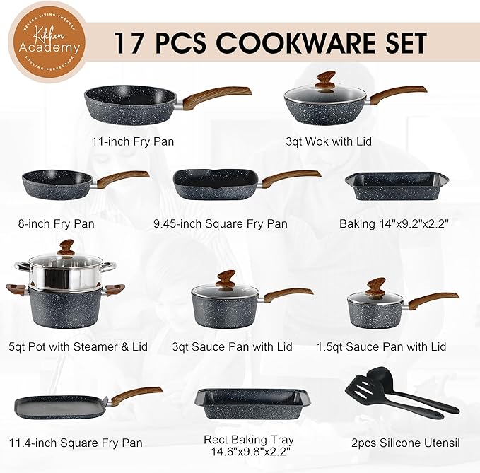 Kitchen Academy Induction Cookware Set-17 Piece Non-stick Cooking Pan Set, Black Granite Pots and Pans Set