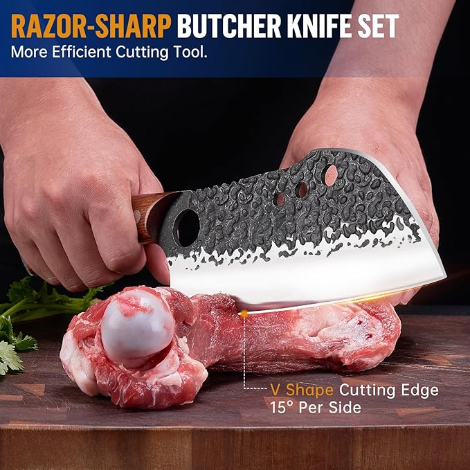 Butcher Knife Set, KITNATS 4PCS Hand Forged kitchen knives Set-Meat Cleaver Knife & Serbian Chef Knives & Vegetable Knives & Boning Knifes, Viking Knives for Kitchen, Outdoor Cooking, BBQ Gift for Men