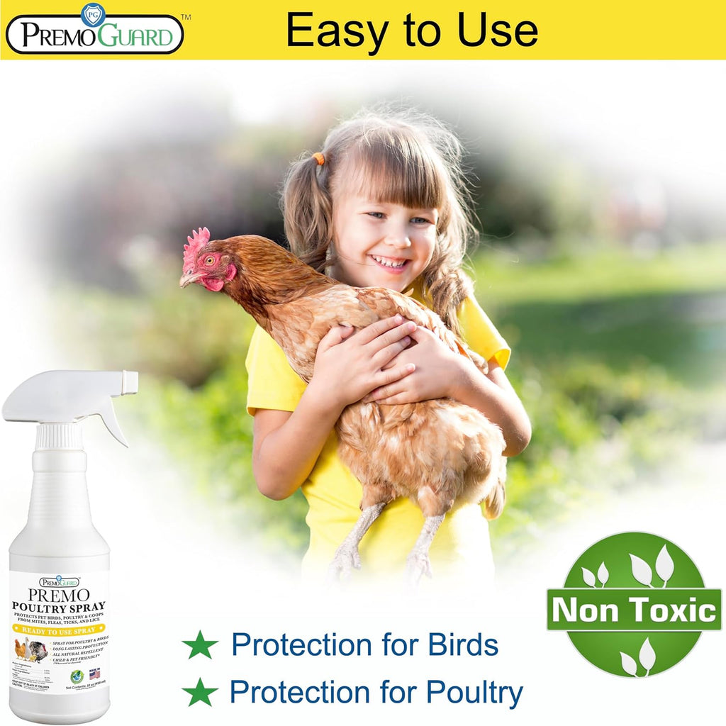 Premo Guard Poultry Spray - 32 oz - Kill Scaly Leg, Mites, Fleas, Lice, & Other Pest on Chickens and in Coops - Natural Plant Based Oils for Control, & Prevention - Family Safe with No Egg Withdrawl