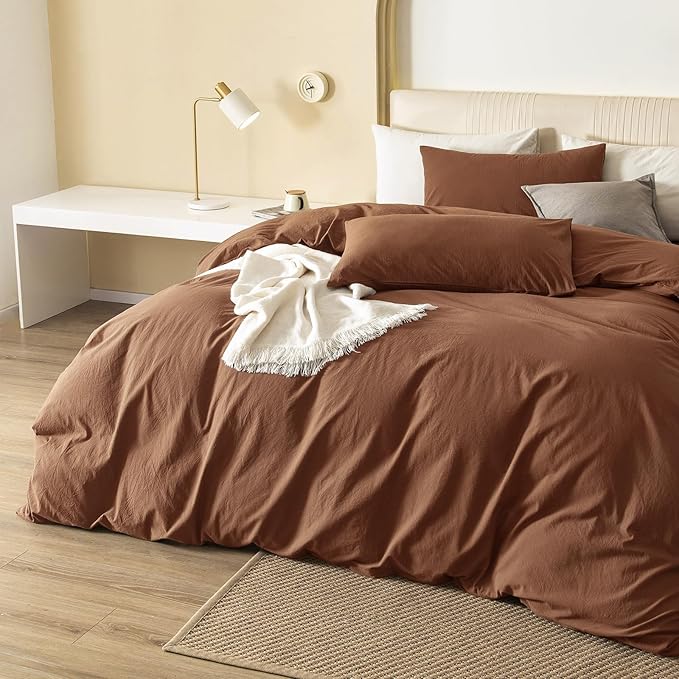 JIYUAN 100% Washed Cotton Duvet Cover Set 3 Pieces Oversized King, 1 Duvet Cover 120x98 Inches(Comforter Not Included) and 2 Pillowcases,Linen Feel Bedding Set Comfy and Breathable,Burnt Orange