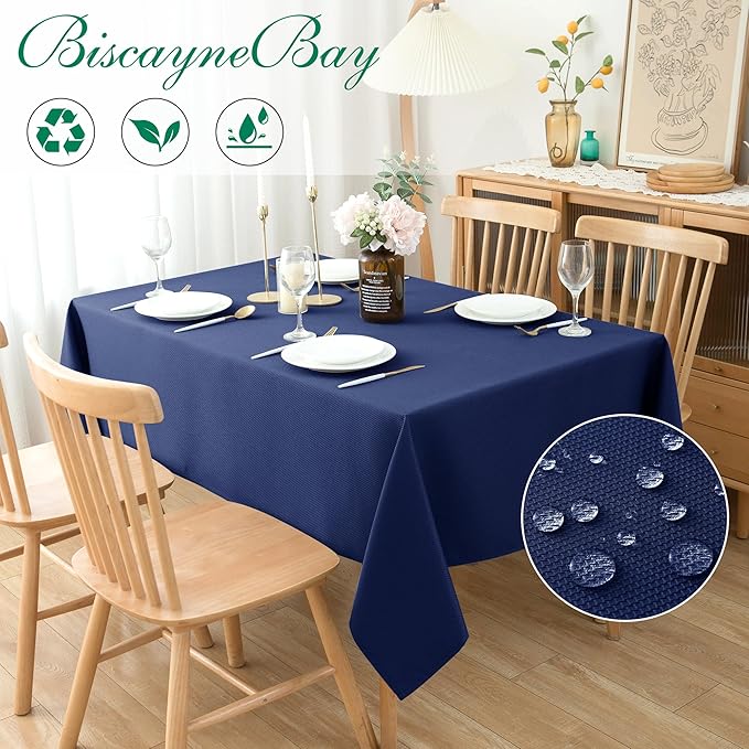 Biscaynebay Textured Fabric Tablecloths 70x108 Inches Rectangular, Navy Water Resistant Tablecloths for Dining, Kitchen, Wedding and Parties etc. Machine Washable