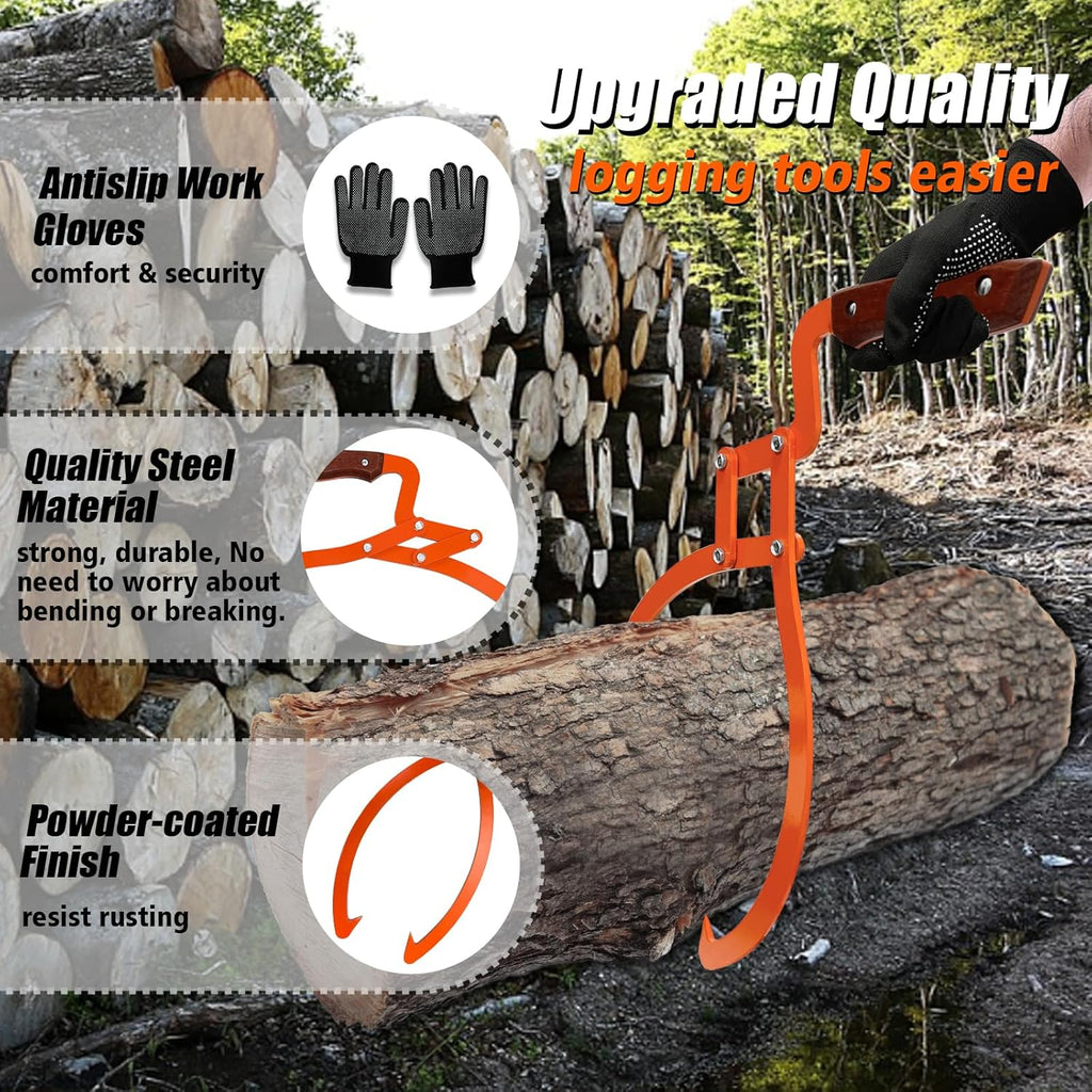 Log Grabber 20", 440LBS Logging Tongs with Gloves Handle Non-Slip Grip Hook, 2 Claw Skidding Tongs, Handling, Grapple Lifting, Dragging Carrying Tool