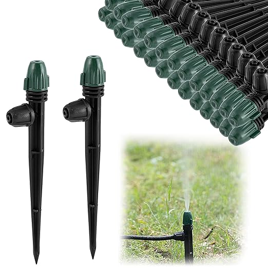 30Pcs Irrigation Misters Emitters for 1/4" Drip Tubing,Adjustable 360 Degree Automatic Atomizing Nozzles on 6.3" Arrow Stake Micro Spray Irrigation Kits for Patio Misting Plant Watering System