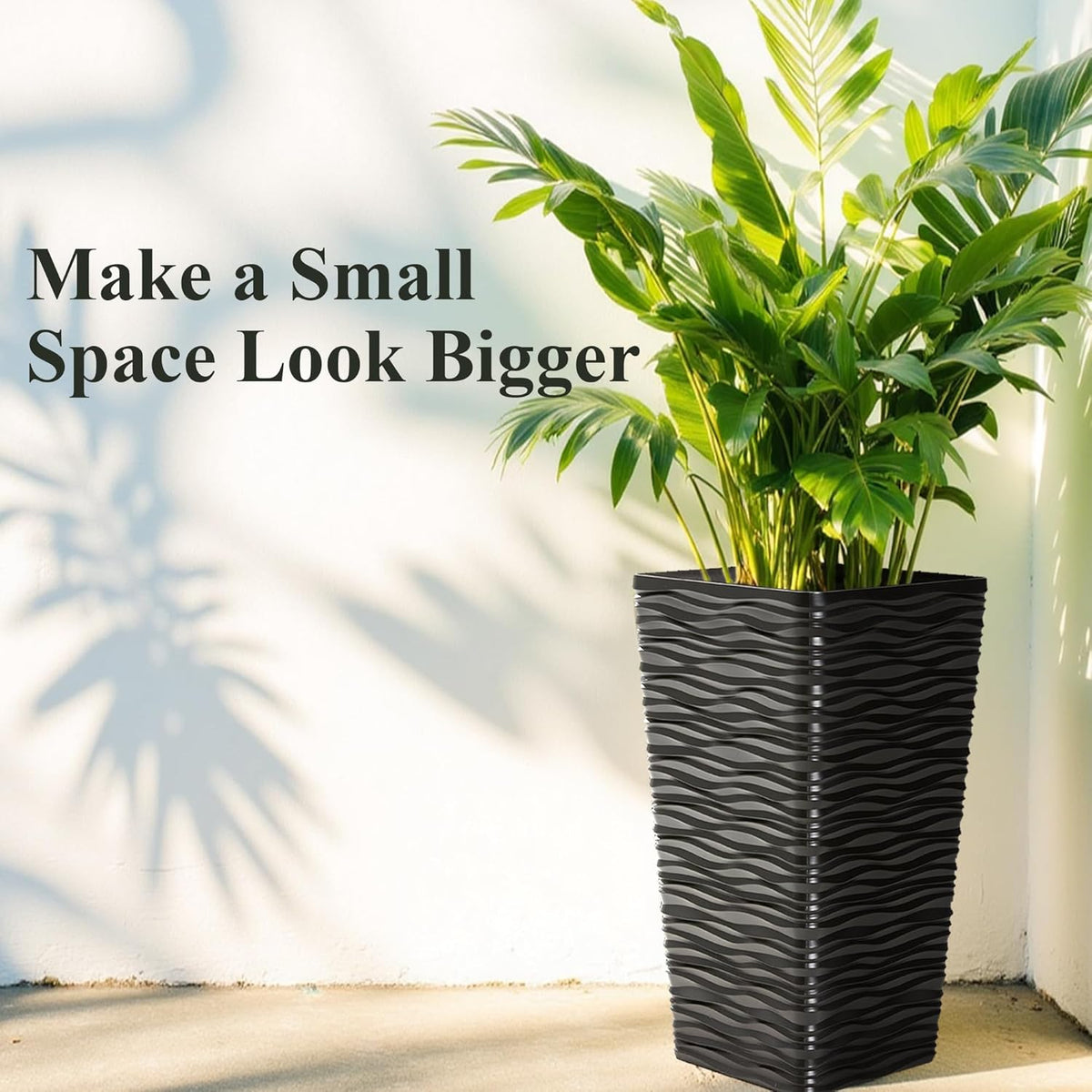 Worth Garden 2-Pack Black Tall Planter - Plastic Square Tapered Tree Plant Pots for Indoor Outdoor - 22" H - Modern Wavy Finish Decorative Flower Pots for Front Porch Containers Patio Deck