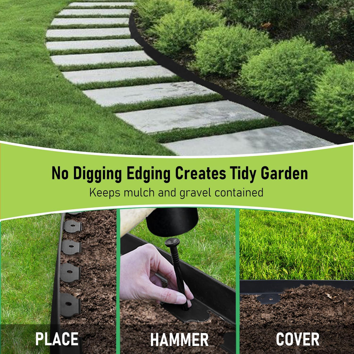 Hugeleaf Landscape Edging 2 Inches Tall, 50 Feet Garden Edging Border with 60pcs Spikes, Flexible Plastic Lawn Edge for Landscaping Flower Beds Yard Pathway