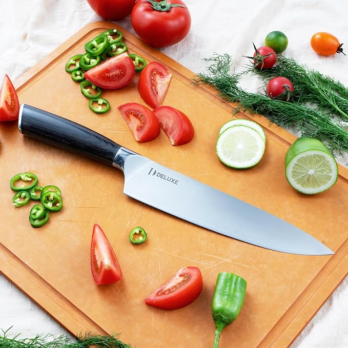 DELUXE 6 Pcs Kitchen Knife Sets, Powder Steel Forged Stainless Steel Knife Set with Block, Comes with Chef's, Santoku, Bread, Utility and Paring Knives, Ideal for All-Around Food Preparation