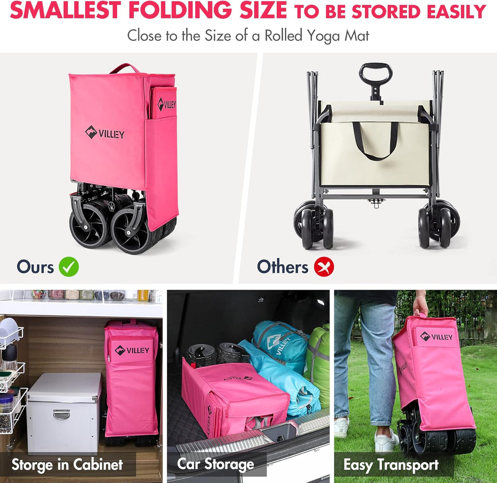 VILLEY Collapsible Folding Wagon with Big Wheels, Enlarged 225lbs Capacity, All Terrain Wagons Carts Heavy Duty Foldable, Portable Utility Garden Cart with 2 Cup Holders and Brake, Pink