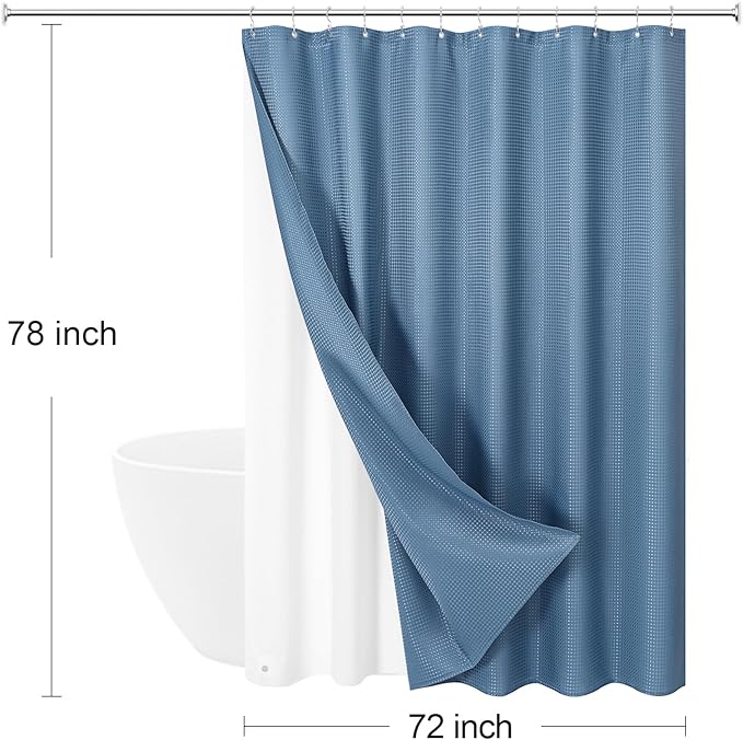 3 in 1 Long Moonlight Blue Shower Curtain Set-72 W x 78 H, Modern Waffle and PEVA Liner Set with 12 Stainless Steel Hooks, Waterproof Fabric for Bathroom