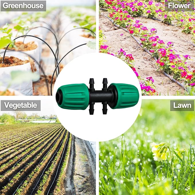 JAYEE Drip Irrigation Fittings, 10 Pcs Lock Barbed Tee for 1/2 to 1/4 Inch Vinyl Tubing, Drip Line Parts 6-Way Tees Irrigation Connectors for Drip Sprinkler Garden Lawn Systems, Green