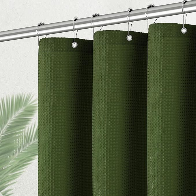 Green Stall Shower Curtain Waffle Weave Fabric, Luxury Waterproof Shower Curtains, 256GSM Heavy Duty Camper Shower Curtain for Travel Trailers with 6 Metal Hooks, 36Wx72H Bright Green