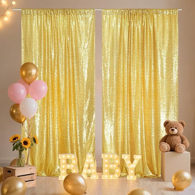 SquarePie Sequin Backdrop Curtain 8FT x 10FT Gold Satin Backing Fabric Photography Background for Wedding Patry 4FT x 10FT 2 Panels
