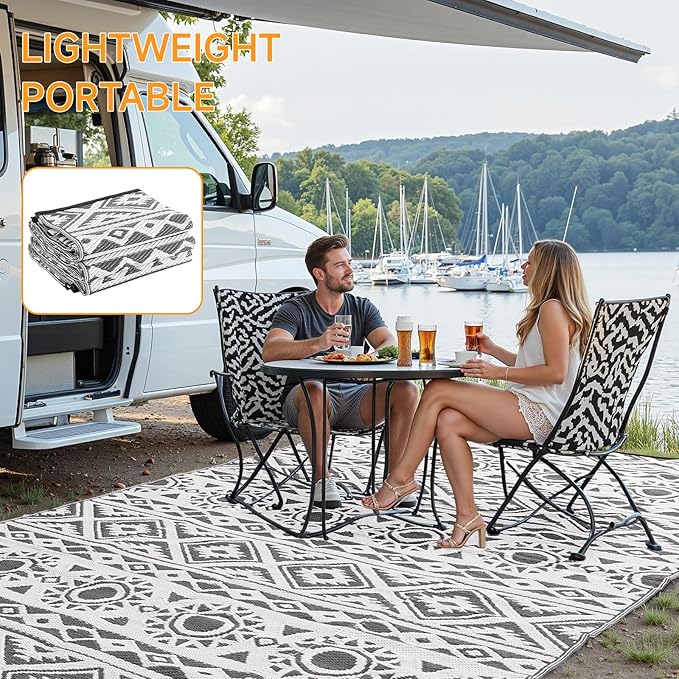 Outdoor Rug Waterproof 8x10 ft, Reversible Outdoor Plastic Straw Rug Patio Rug, RV Rugs for Outside, Outdoor Carpet for Patio Camping Deck Balcony Backyard, Black & Gray