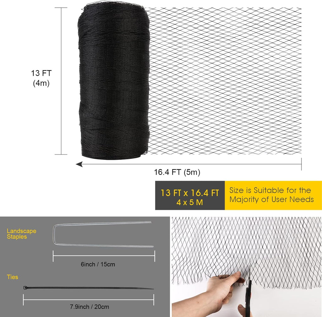 Bird Netting for Garden - 13 x 16.4 FT Heavy Duty Anti Bird Netting Mesh with Ties and Landscape Staples for Vegetable, Fruit Trees & Other Plants, Lasting Against Birds Deer Squirrels and Poultry