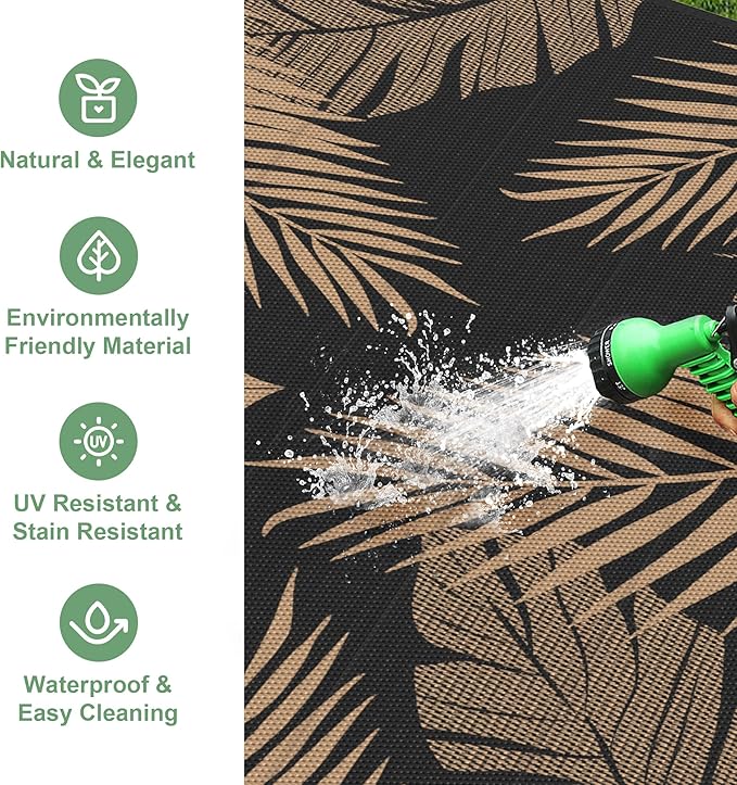 Outdoor Rug 4’x6’ Waterproof for Patio Clearance, Reversible Indoor Outdoor Plastic Straw Camping Rug Carpet, RV Mat, Large Area Rug for Deck, Backyard, Balcony, Porch, Beach, Black & Brown