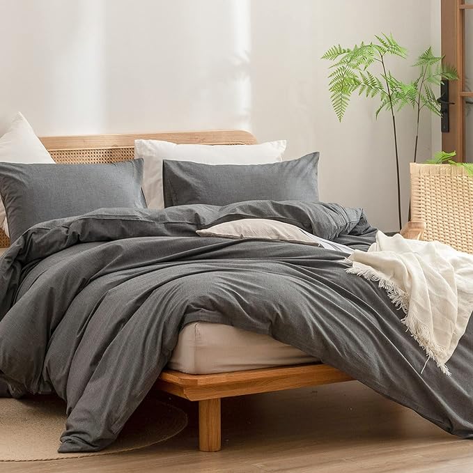 BESTOUCH Duvet Cover Set 100% Washed Cotton Linen Feel Super Soft Comfortable Chic Lightweight 3 PCs Home Bedding Set Solid Dark Grey Queen