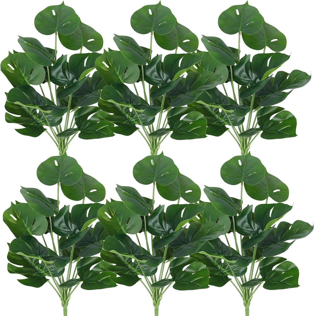 RECUTMS 6 Bundles Fake Plants Artificial Tropical Palm Leaves Tree Faux Monstera Shrubs Green Plant Turtle Leaf Stems UV Resistant Greenery Indoor Outdoor Home Garden Office Bouquet Filler Decor