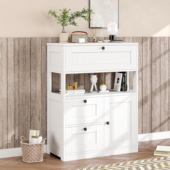 Bathroom Cabinet, Modern Bathroom Floor Storage Cabinet Organizer with 1 Door and 3 Drawers, Freestanding Cupboard for Kitchen/Living Room Use