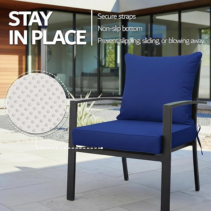 24x24 Inch Outdoor Chair Cushions Set of 4, Patio Furniture Cushions - Removable Cover, Water-Repellent, Fade-Resistant, Non-Slip Bottom & Straps, Replacement for Deep Seat Sofa & Couch - Navy