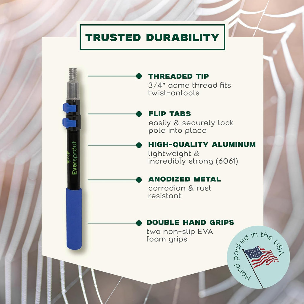 EVERSPROUT 8-10 Feet Standing Reach | 1.5-to-3 Foot Cobweb Duster and Extension-Pole Combo & Lightweight 3-Stage Aluminum Pole | Hand-Packaged Indoor/Outdoor Use Brush Attachment