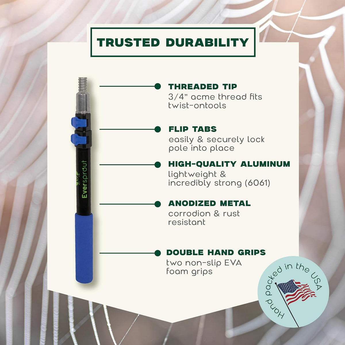 EVERSPROUT 8-10 Feet Standing Reach | 1.5-to-3 Foot Cobweb Duster and Extension-Pole Combo & Lightweight 3-Stage Aluminum Pole | Hand-Packaged Indoor/Outdoor Use Brush Attachment