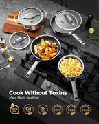 Nonstick Frying Pan Set with 2 Lid, Non-Toxic Tri-Ply Hybrid Ceramic Skillet 3 Piece, 8, 10 & 12 Inch Stainless Steel Pans, PFAS/PFOA/PTFE Free, Dishwasher & Oven Safe, Induction Compatible