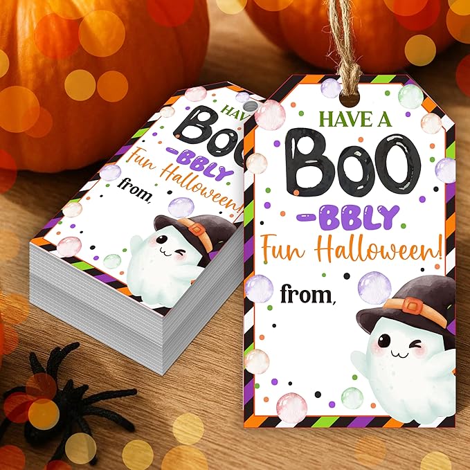 50 Pcs Halloween Tags with String, 2.1"×3.5" Ghost Paper Gifts Tags, Boo Trick or Treat for Candy, Halloween Gifts Tag Wrap for Party Favor - B07