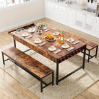 Loomie 63" Dining Table Set for 4-6, 3-Piece Kitchen Table with 2 Utensil Drawers, 2 Benches & Wine Rack, Modern Space Saving & Heavy Duty Dinner Table Set with Metal Frame & MDF Board,Rustic Brown